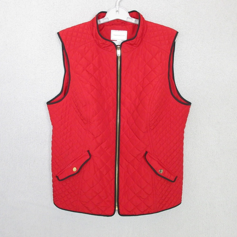 Charter Club Quilted Vest Women XL Red Full Zip Stand Collar Black Trim Gold